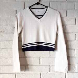 Garage M White V-Neck Cropped Tight Preppy Sweater Navy Stripes Bell Sleeves